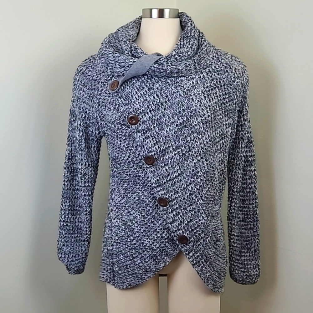 Chic Black & White Wrap Sweater  Button Detail - Size Medium